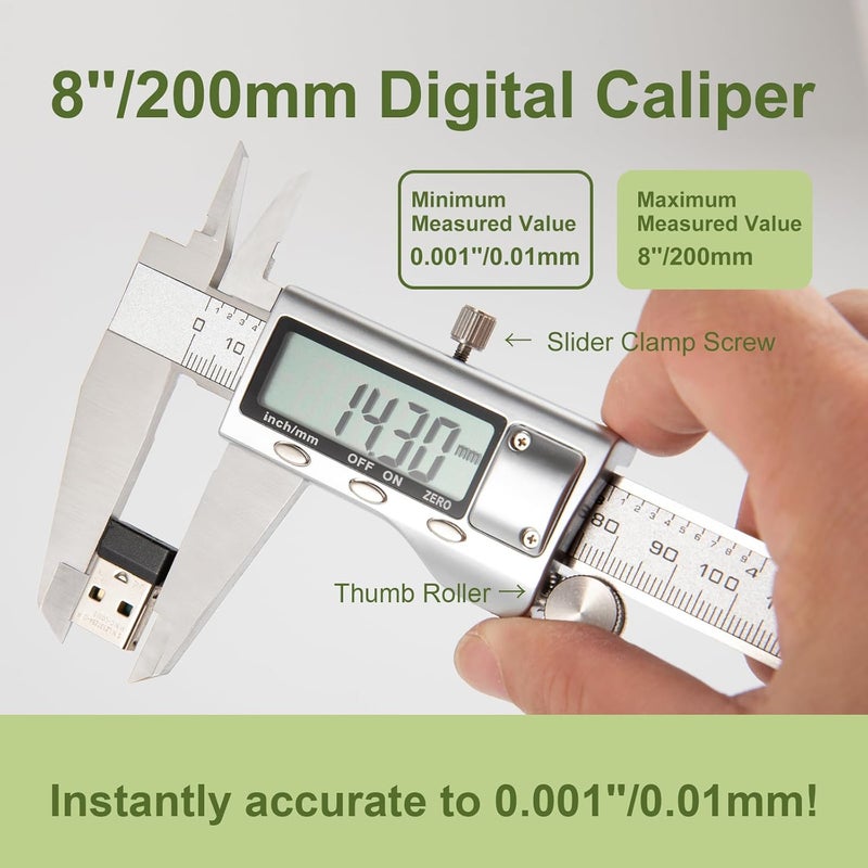 SCITOOLS All-Metal Digital Caliper 0-8" Measuring Tool, Micrometer Caliper with Auto-Off Feature, Interchangeable Between inches and millimeters for DIY/Household and 3D Printing - Image 2